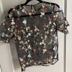 Floral Embroidered Sheer Black Top